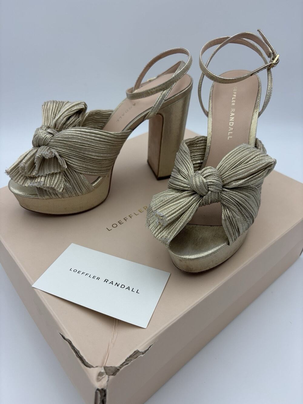 Loeffler Randall Natalia Platinum Platform Sandal Gold Size 5.5 Metallic Bow
